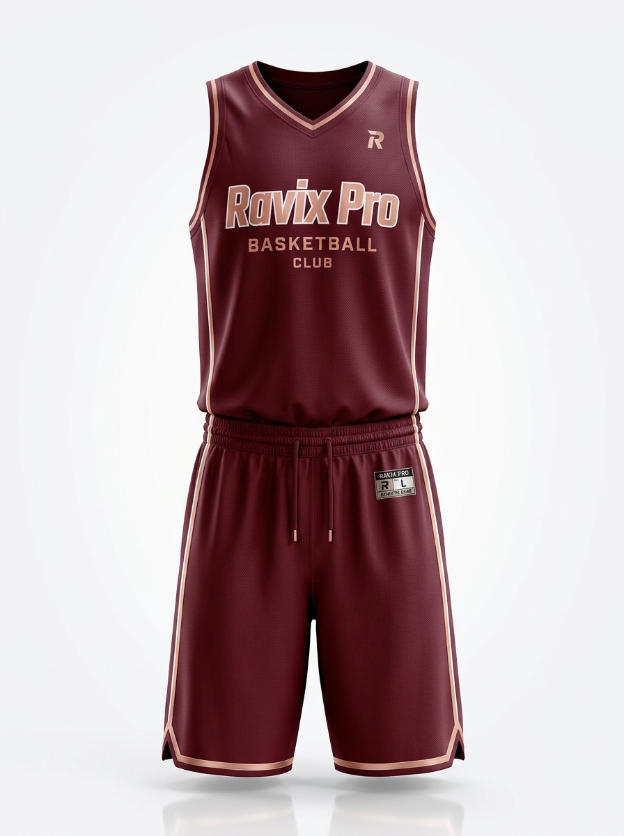 Custom Burgundy Script Basketball Uniform Custom Burgundy Script Basketball Uniform – custom manufactured by Ravix Pro Industry, Sialkot, Pakistan