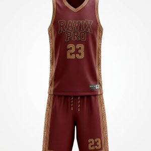 Custom Maroon Leopard Trim Basketball Uniform – custom manufactured by Ravix Pro Industry, Sialkot, Pakistan