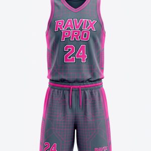 Custom Grey and Hot Pink Basketball Uniform – custom manufactured by Ravix Pro Industry, Sialkot, Pakistan