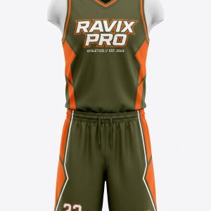 Custom Olive and Orange Trim Basketball Uniform – custom manufactured by Ravix Pro Industry, Sialkot, Pakistan