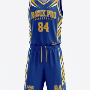 Custom Royal Blue and Gold Sunburst Basketball Uniform – custom manufactured by Ravix Pro Industry, Sialkot, Pakistan