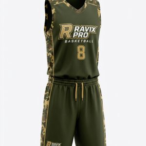 Custom Olive Camo Basketball Uniform – custom manufactured by Ravix Pro Industry, Sialkot, Pakistan