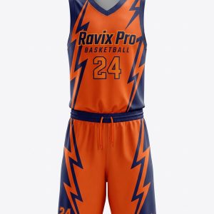 Custom Navy and Orange Lightning Basketball Uniform – custom manufactured by Ravix Pro Industry, Sialkot, Pakistan