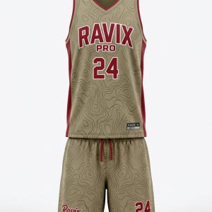 Custom Tan and Maroon Pattern Basketball Uniform – custom manufactured by Ravix Pro Industry, Sialkot, Pakistan