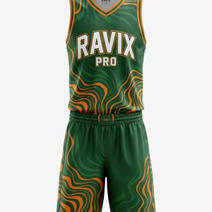 Custom Green and Orange Swirl Basketball Uniform – custom manufactured by Ravix Pro Industry, Sialkot, Pakistan
