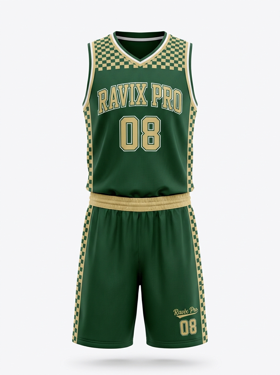 Custom Green Checkered Basketball Uniform Custom Green Checkered Basketball Uniform – custom manufactured by Ravix Pro Industry, Sialkot, Pakistan