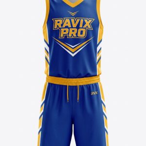 Custom Royal Blue and Gold Chevron Basketball Uniform – custom manufactured by Ravix Pro Industry, Sialkot, Pakistan