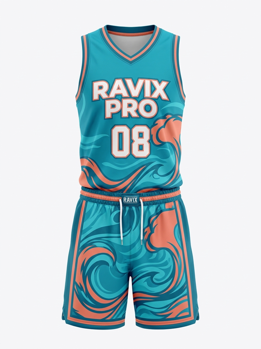 Custom Teal Swirl Basketball Uniform Custom Teal Swirl Basketball Uniform – custom manufactured by Ravix Pro Industry, Sialkot, Pakistan