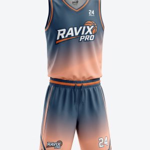 Custom Navy to Peach Fade Basketball Uniform – custom manufactured by Ravix Pro Industry, Sialkot, Pakistan