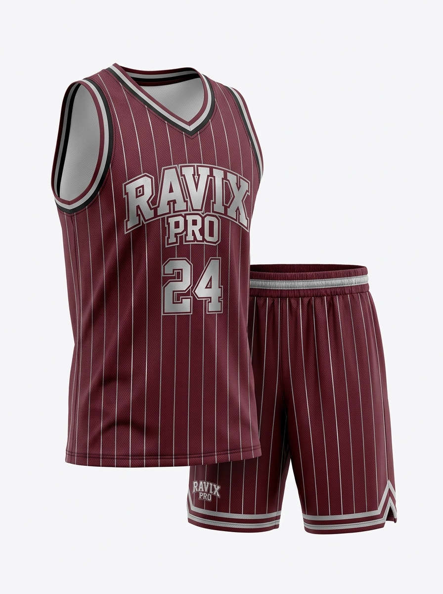 Custom Burgundy Pinstripe Basketball Uniform Custom Burgundy Pinstripe Basketball Uniform – custom manufactured by Ravix Pro Industry, Sialkot, Pakistan