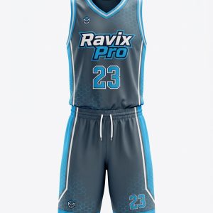 Custom Sky Blue Splash Basketball Uniform – custom manufactured by Ravix Pro Industry, Sialkot, Pakistan