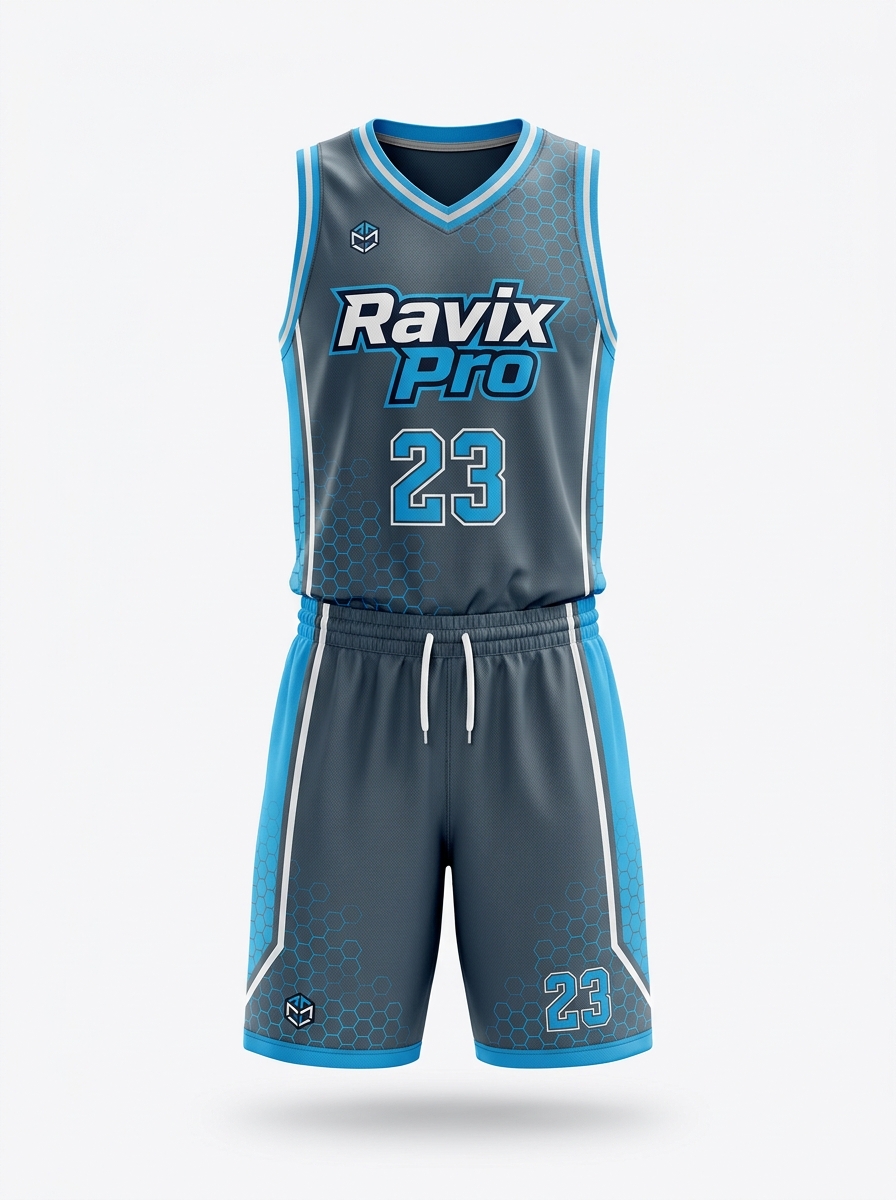 Custom Sky Blue Splash Basketball Uniform Custom Sky Blue Splash Basketball Uniform – custom manufactured by Ravix Pro Industry, Sialkot, Pakistan