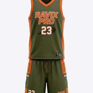 Custom Olive and Orange Classic Basketball Uniform – custom manufactured by Ravix Pro Industry, Sialkot, Pakistan