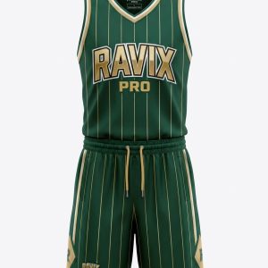 Custom Forest Green Pinstripe Basketball Uniform – custom manufactured by Ravix Pro Industry, Sialkot, Pakistan
