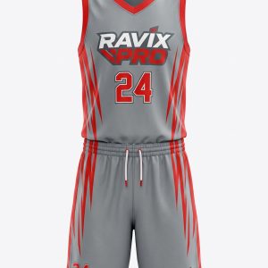 Custom Grey and Red Stripe Basketball Uniform – custom manufactured by Ravix Pro Industry, Sialkot, Pakistan