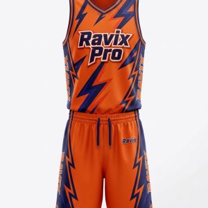 Custom Orange and Navy Lightning Basketball Uniform – custom manufactured by Ravix Pro Industry, Sialkot, Pakistan