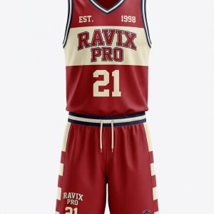 Custom Red and Cream Est. Basketball Uniform – custom manufactured by Ravix Pro Industry, Sialkot, Pakistan