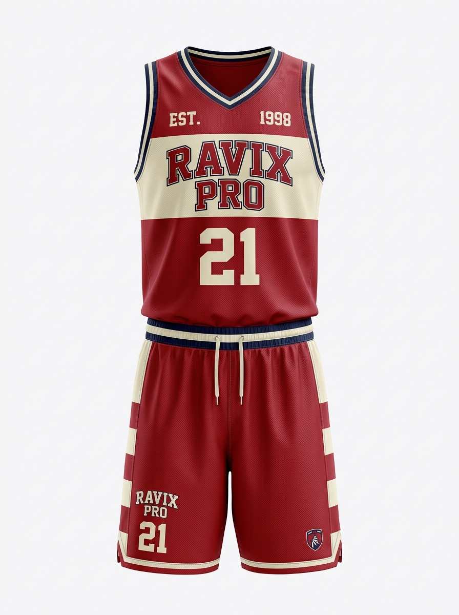 Custom Red and Cream Est. Basketball Uniform Custom Red and Cream Est. Basketball Uniform – custom manufactured by Ravix Pro Industry, Sialkot, Pakistan