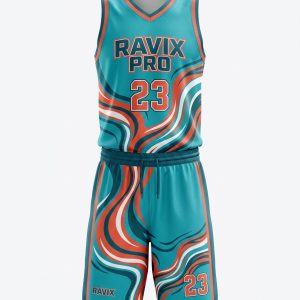 Custom Teal and Coral Wave Basketball Uniform – custom manufactured by Ravix Pro Industry, Sialkot, Pakistan
