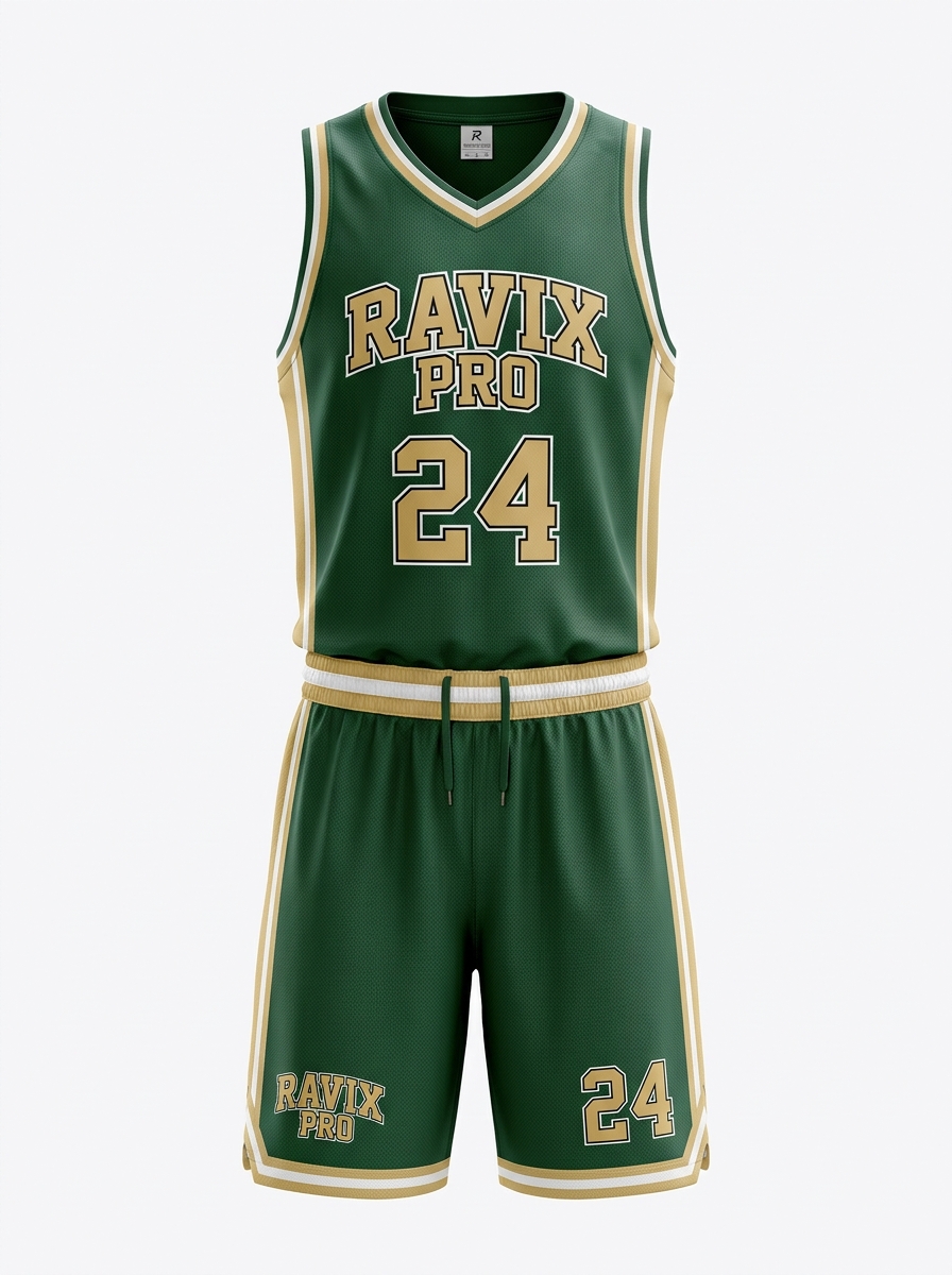 Custom Green Distressed Basketball Uniform Custom Green Distressed Basketball Uniform – custom manufactured by Ravix Pro Industry, Sialkot, Pakistan