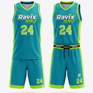 Custom Turquoise and Lime Basketball Uniform – custom manufactured by Ravix Pro Industry, Sialkot, Pakistan