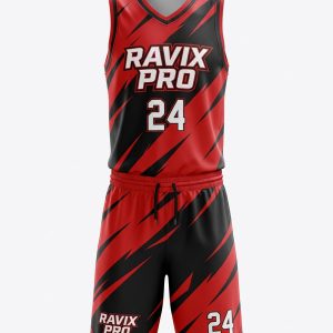 Custom Red and Black Slash Basketball Uniform – custom manufactured by Ravix Pro Industry, Sialkot, Pakistan
