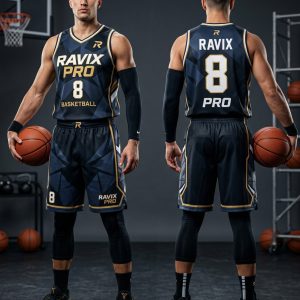 Basketball players wearing custom navy team uniforms made by Ravix Pro Industry