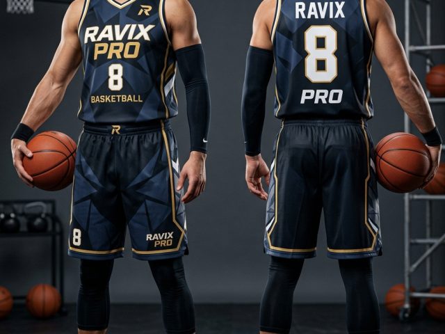Basketball players wearing custom navy team uniforms made by Ravix Pro Industry
