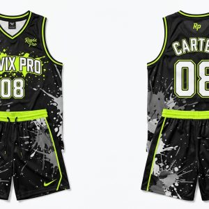 Custom Black and Lime Green Splatter Print Basketball Uniform – custom manufactured by Ravix Pro Industry, Sialkot, Pakistan