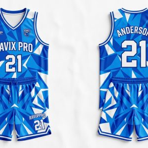 Custom Royal Blue and White Basketball Uniform – custom manufactured by Ravix Pro Industry, Sialkot, Pakistan