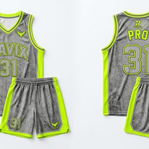 Custom Grey and Lime Green Basketball Uniform – custom manufactured by Ravix Pro Industry, Sialkot, Pakistan