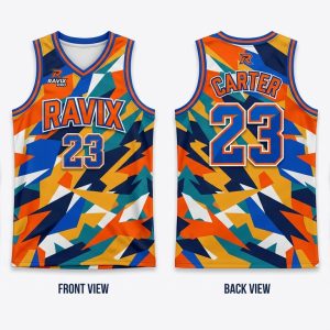 Custom Orange and Blue Basketball Uniform – custom manufactured by Ravix Pro Industry, Sialkot, Pakistan