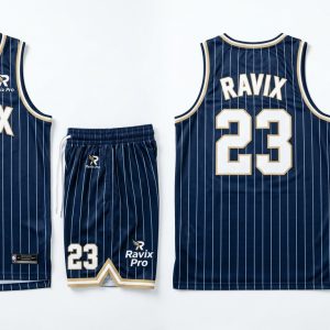 Custom Navy and White Basketball Uniform – custom manufactured by Ravix Pro Industry, Sialkot, Pakistan