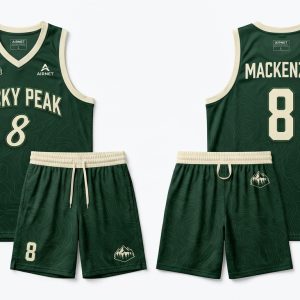 Custom Forest Green and Cream Basketball Uniform with Team Name – custom manufactured by Ravix Pro Industry, Sialkot, Pakistan