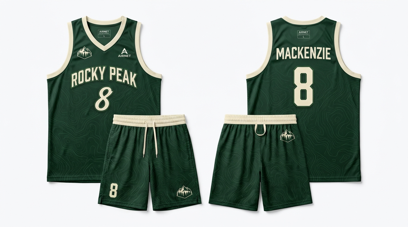 Custom Forest Green and Cream Basketball Uniform with Team Name Custom Forest Green and Cream Basketball Uniform with Team Name – custom manufactured by Ravix Pro Industry, Sialkot, Pakistan