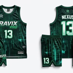 Custom Forest Green and Black Digital Code Print Basketball Uniform – custom manufactured by Ravix Pro Industry, Sialkot, Pakistan