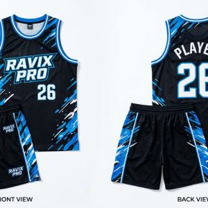 Custom Black and Sky Blue Basketball Uniform – custom manufactured by Ravix Pro Industry, Sialkot, Pakistan