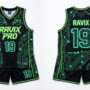 Custom Black and Green Basketball Uniform – custom manufactured by Ravix Pro Industry, Sialkot, Pakistan