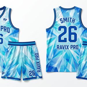 Custom Sky Blue and White Basketball Uniform – custom manufactured by Ravix Pro Industry, Sialkot, Pakistan