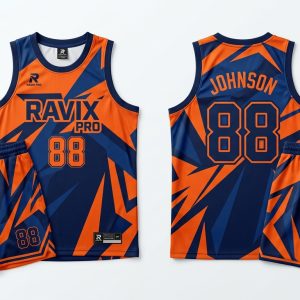 Custom Navy and Orange Shard Pattern Basketball Uniform – custom manufactured by Ravix Pro Industry, Sialkot, Pakistan