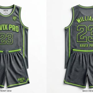 Custom Olive and Lime Green Basketball Uniform – custom manufactured by Ravix Pro Industry, Sialkot, Pakistan