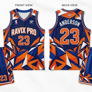 Custom Orange and Navy Basketball Uniform – custom manufactured by Ravix Pro Industry, Sialkot, Pakistan