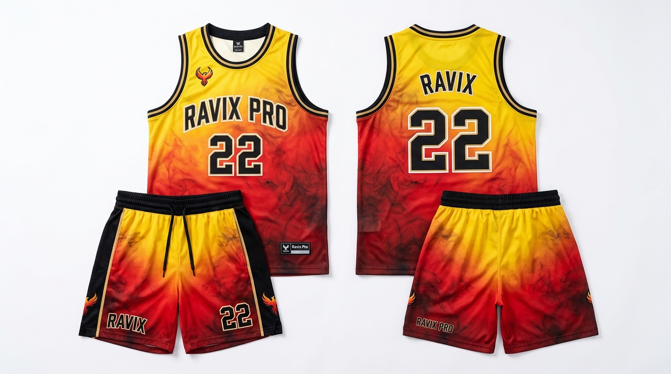 Custom Yellow and Red Basketball Uniform Custom Yellow and Red Basketball Uniform – custom manufactured by Ravix Pro Industry, Sialkot, Pakistan