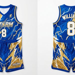 Custom Royal Blue and Gold Lightning Pattern Basketball Uniform – custom manufactured by Ravix Pro Industry, Sialkot, Pakistan