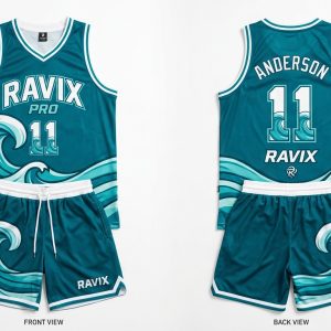 Custom Teal and White Basketball Uniform – custom manufactured by Ravix Pro Industry, Sialkot, Pakistan