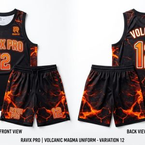 Custom Black and Orange Volcanic Rock Print Basketball Uniform – custom manufactured by Ravix Pro Industry, Sialkot, Pakistan