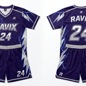 Custom Purple and White Lightning Short Sleeve Basketball Uniform – custom manufactured by Ravix Pro Industry, Sialkot, Pakistan