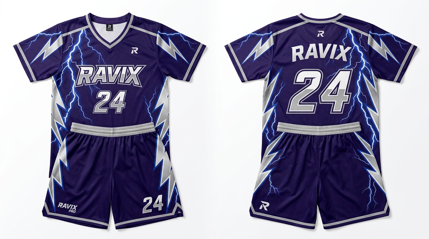 Custom Purple and White Lightning Short Sleeve Basketball Uniform Custom Purple and White Lightning Short Sleeve Basketball Uniform – custom manufactured by Ravix Pro Industry, Sialkot, Pakistan