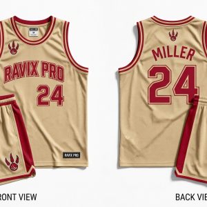 Custom Tan and Red Basketball Uniform – custom manufactured by Ravix Pro Industry, Sialkot, Pakistan