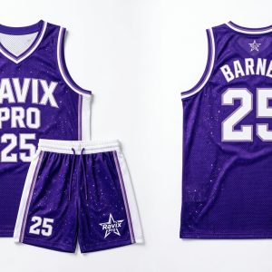 Custom Purple and White Basketball Uniform with Star Logo – custom manufactured by Ravix Pro Industry, Sialkot, Pakistan